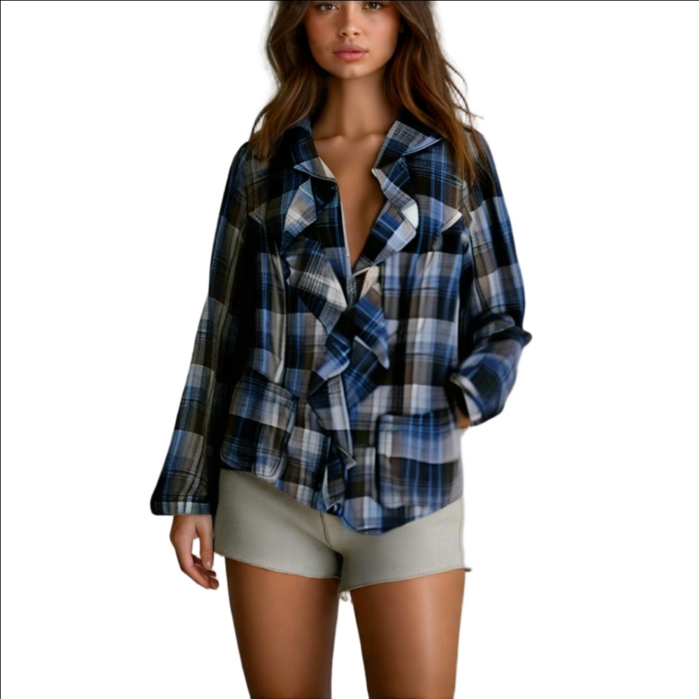 Free People Ruffled Front Pockets Plaid Checkers Cotton Blue Cardigan sz.12